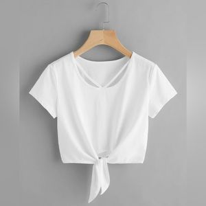 SHEIN V Strap Neck Knot Front Crop Tee